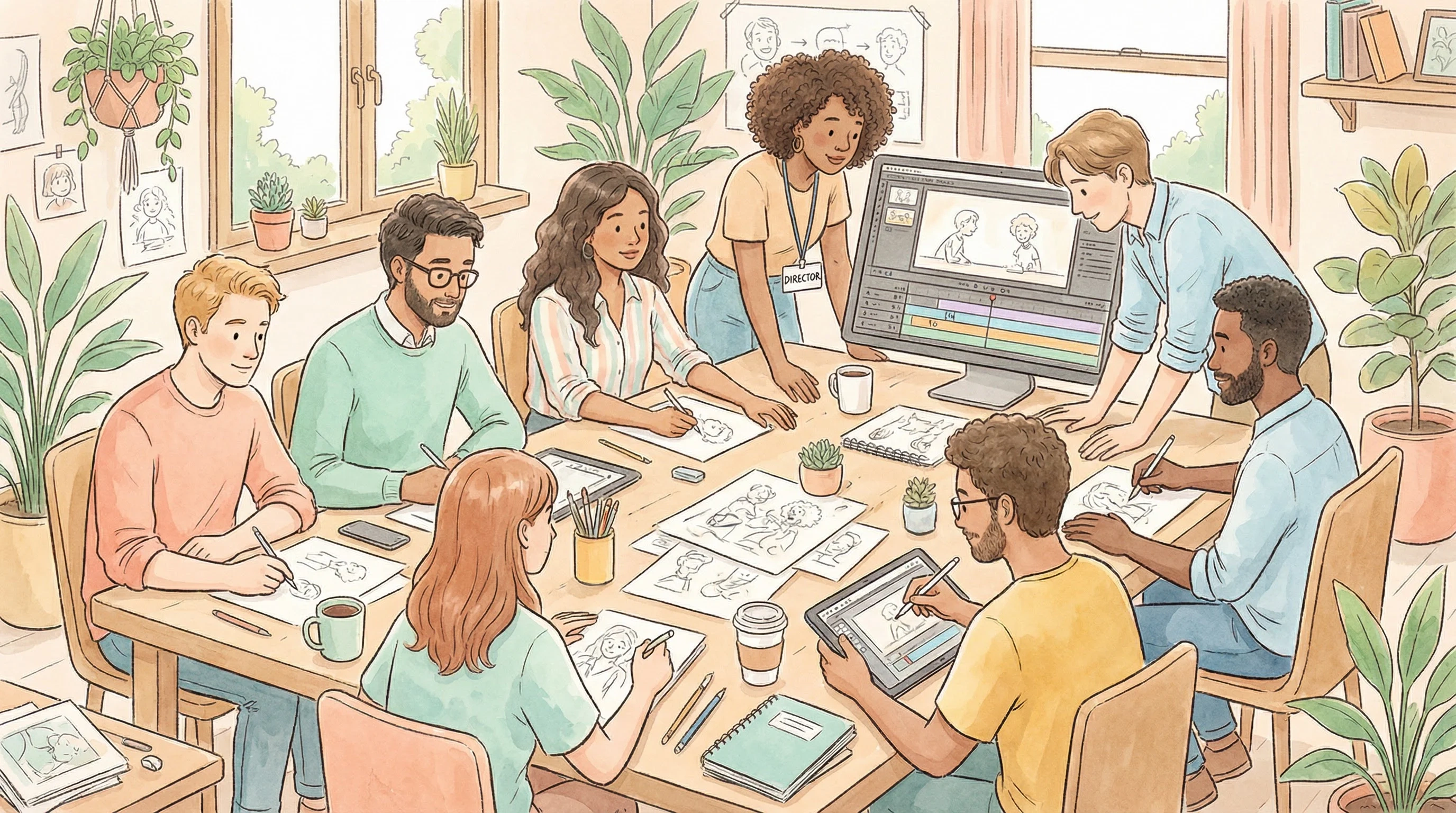 大学生创作团队工作场景插画 - 多元化动画创作团队协作