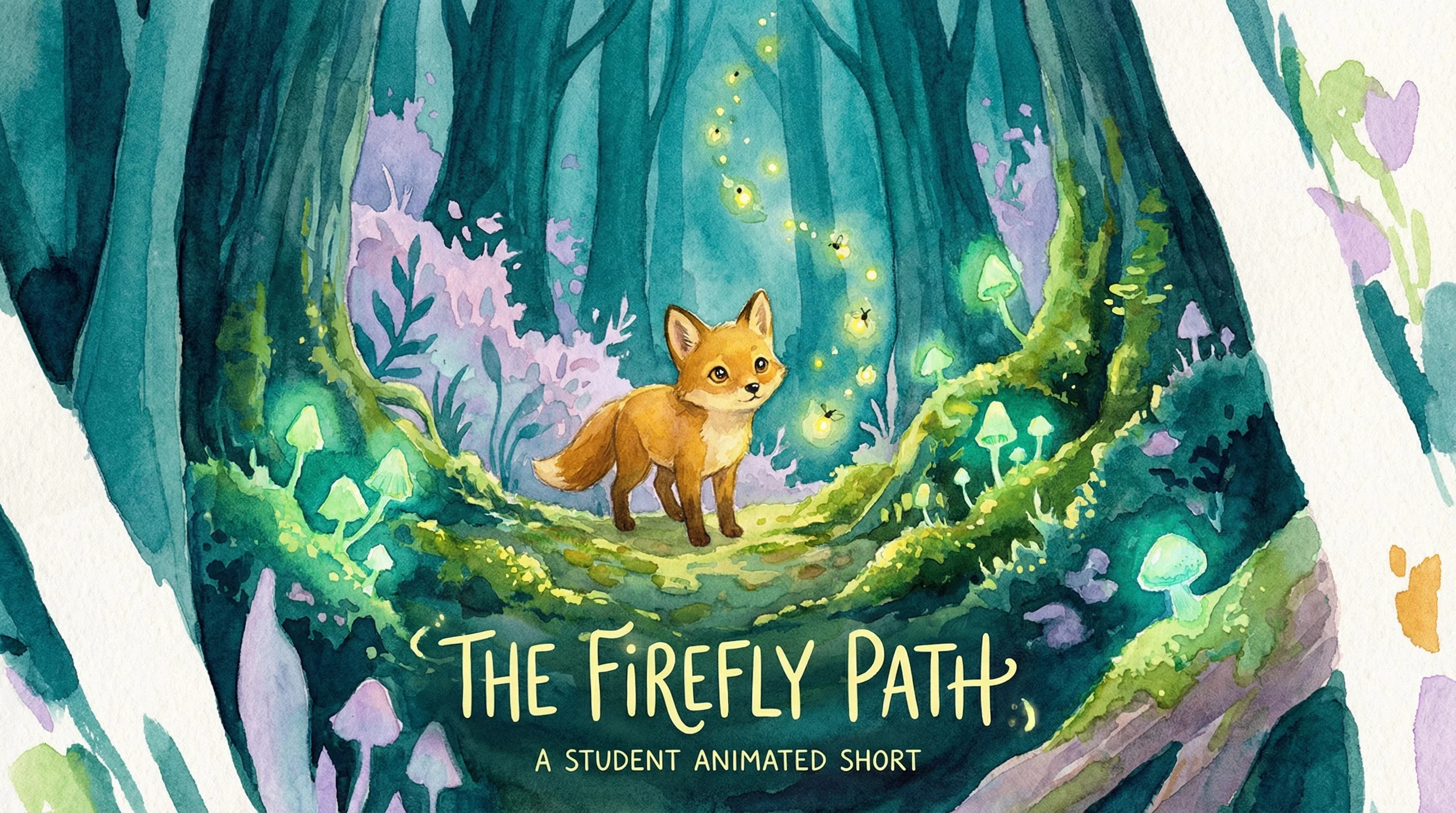 学生动画短片《萤火之路》预告海报 - 魔幻森林主题水彩动画