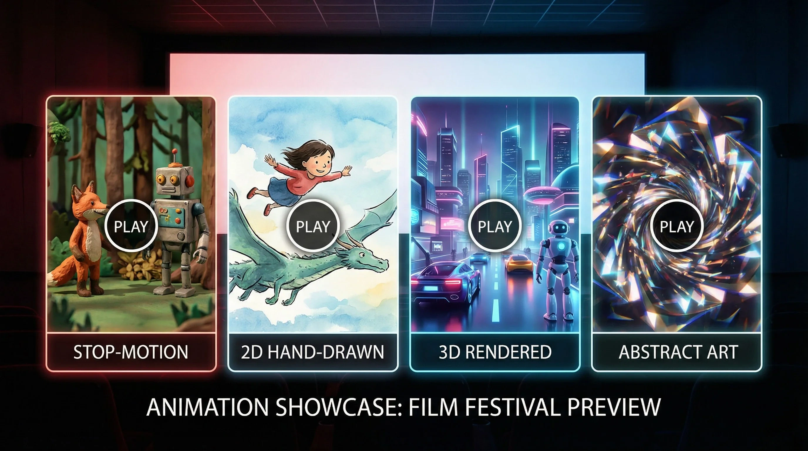 大学生动画预告片合集横幅 - 定格动画、2D手绘、3D渲染、抽象艺术四种风格预览